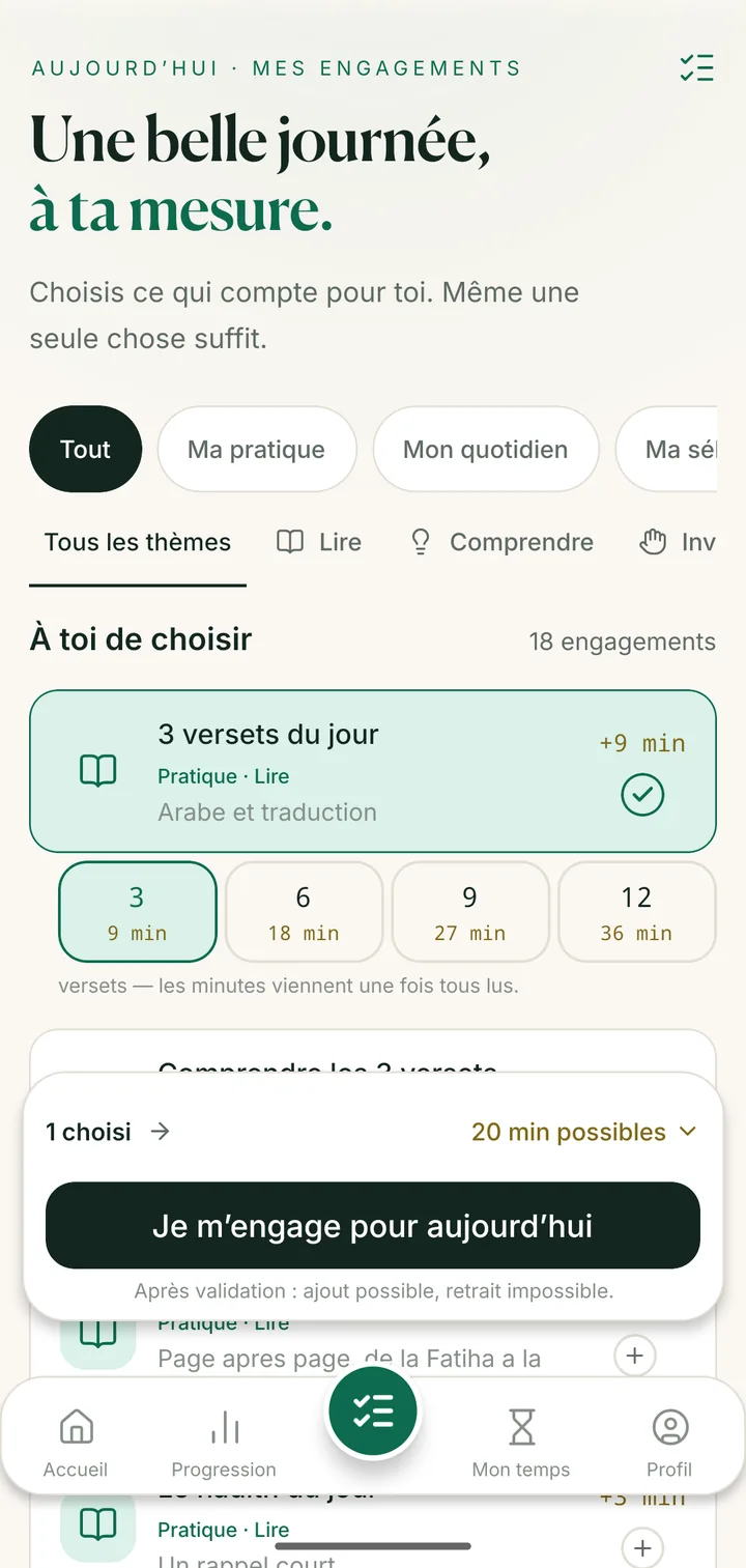 Un engagement sélectionné, avec le bouton « Je m’engage pour aujourd’hui ».