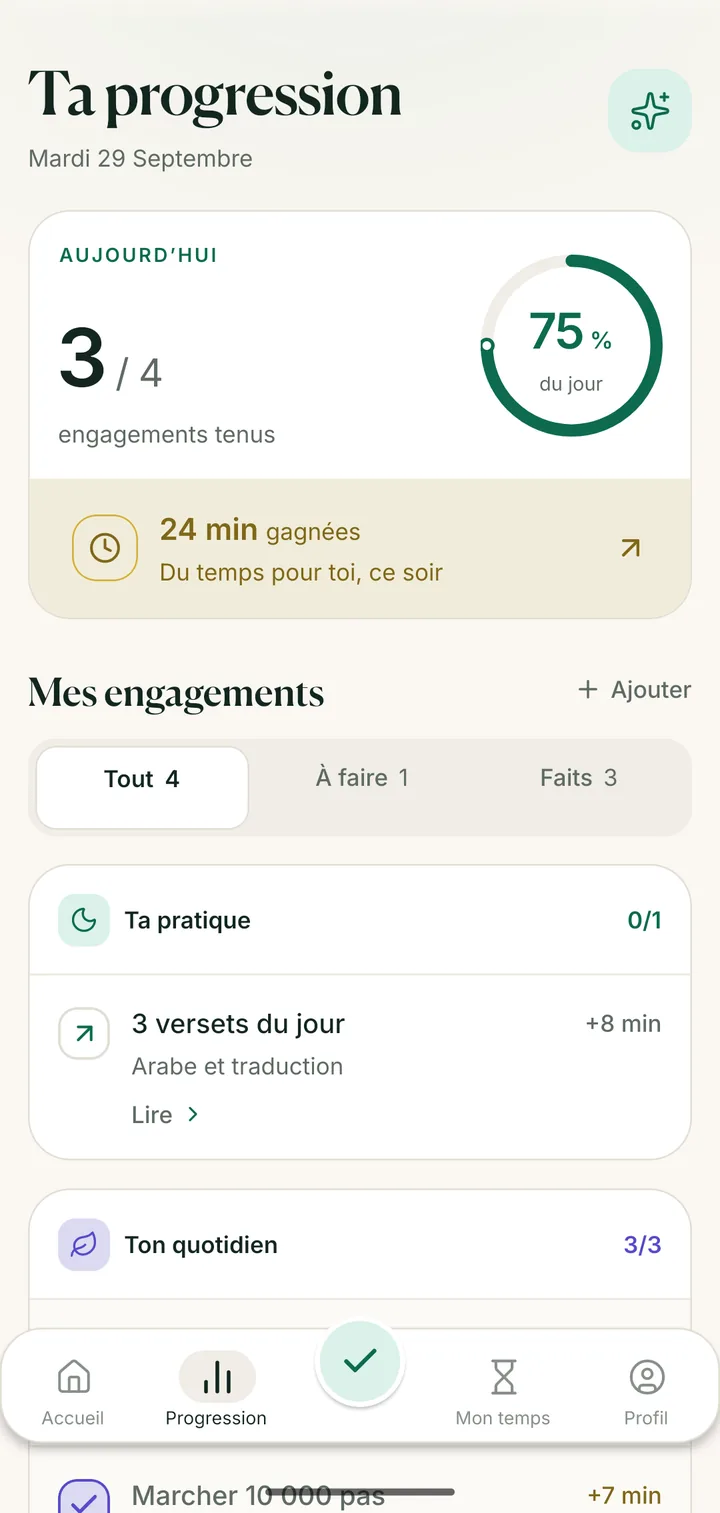L’écran de progression : 3 engagements sur 4 tenus, 24 minutes gagnées pour ce soir.