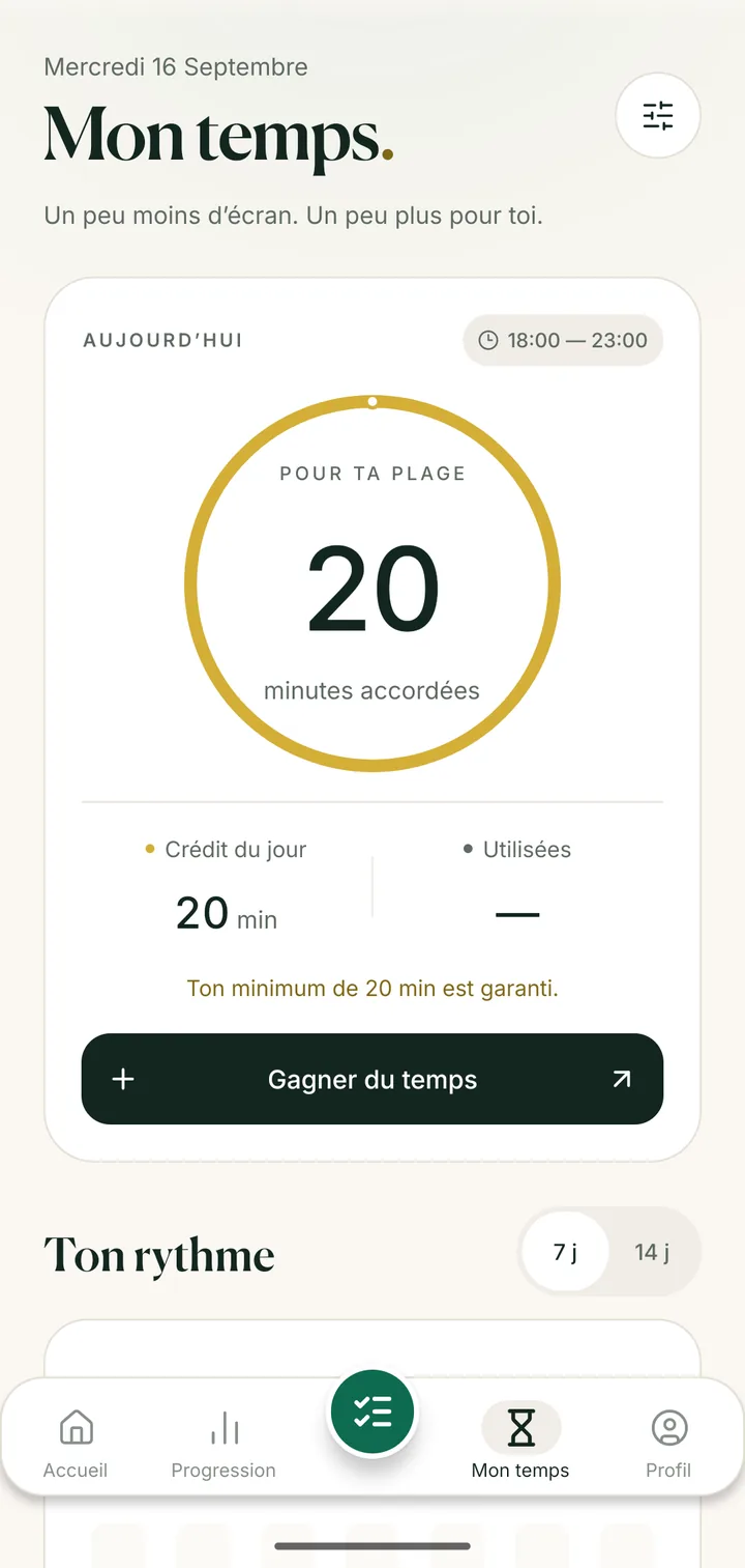 L’écran Mon temps : 20 minutes accordées pour la soirée, de 18 h à 23 h.